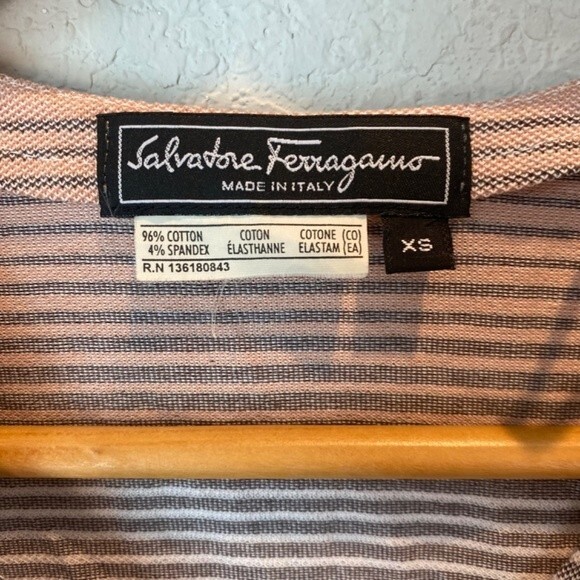 Salvatore Ferragamo Pink Grey White Striped Fitted Faux Wrap Blouse Size XS EUC - Picture 3 of 6